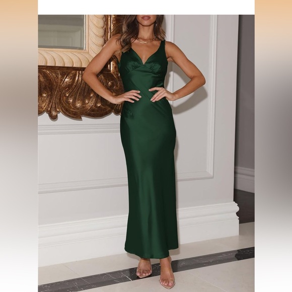 Womens Elegant Satin V Neck Backless Sleeveless Maxi Dress Silk Tie Low Back SM - Picture 3 of 4